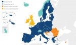 Mapa de los países que pertenecen al espacio Schengen, así como candidatos y países de la UE y de Europa que no forman parte de Schengen.