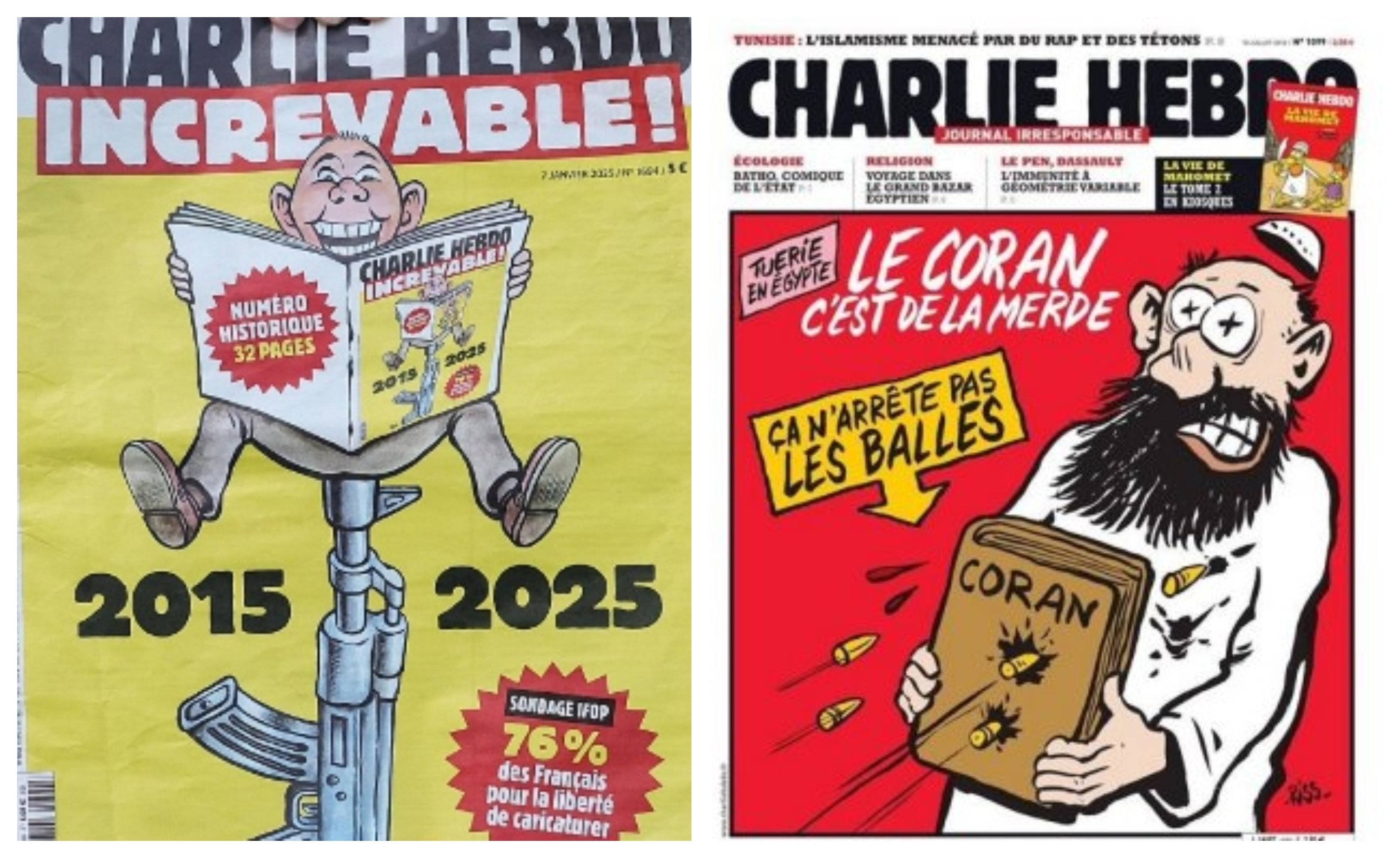 A la izquierda, número especial de 'Charlie Hebdo', diez años después del ataque a la revista. A la derecha, una de las caricaturas satíricas sobre el islam