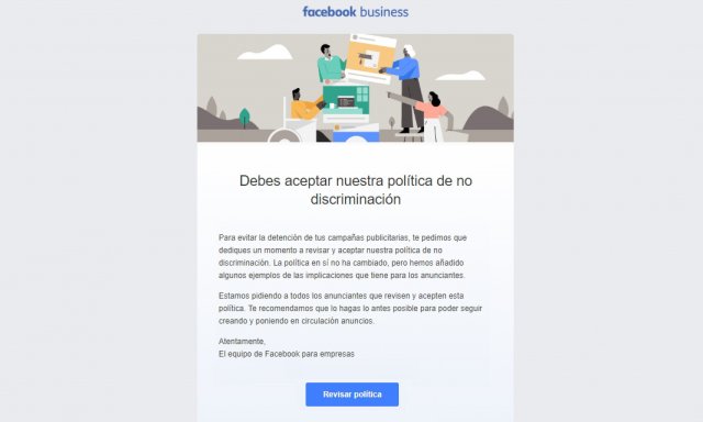 Mensaje sobre las políticas de Facebook