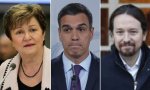 La gerente del FMI, Kristalina Georgieva, Pedro Sánchez y Pablo Iglesias